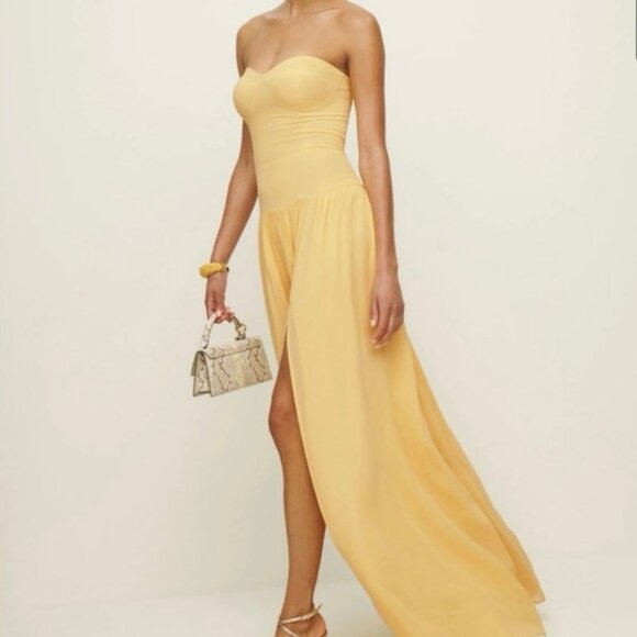 NWT Reformation Leilani Strapless Maxi Dress Yellow Sunshine Slit Gown Size 0 - Picture 9 of 11